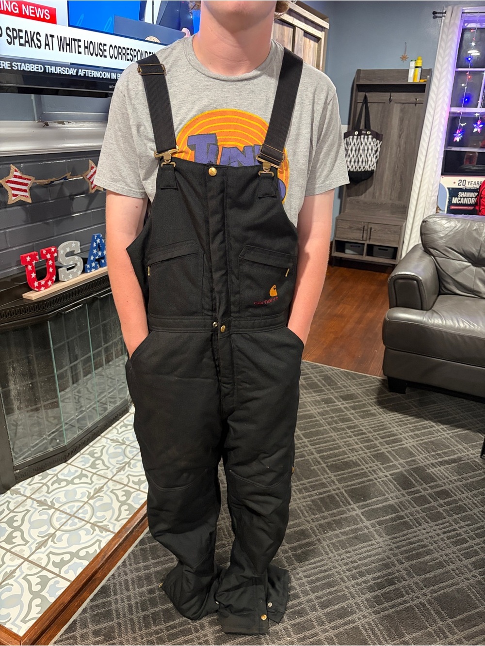 VTG Carhartt Quilt Lined Bib Overalls Black Made in USA Mens 36x32 Double Knee